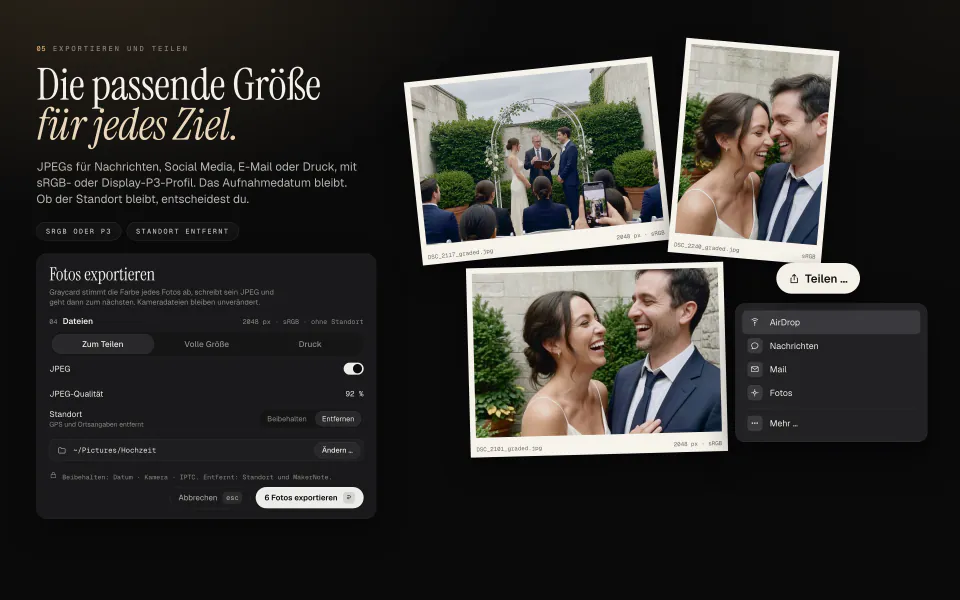 Der Exportdialog von Graycard, eingestellt auf „Zum Teilen“, 2048 px, sRGB, mit entferntem Standort, neben drei exportierten JPEGs und dem Menü „Teilen“ mit AirDrop, Nachrichten, Mail und Fotos