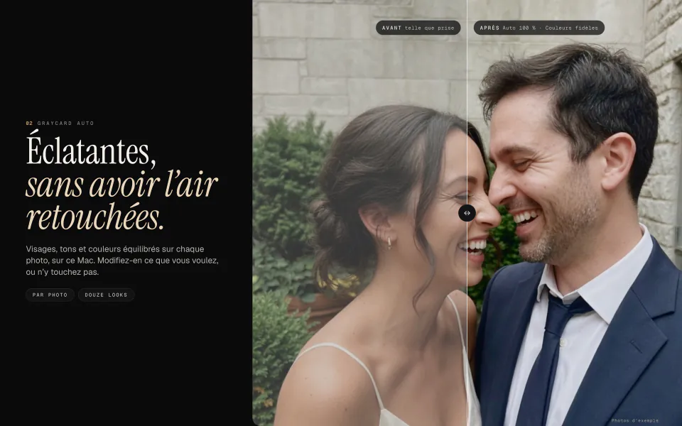 Un couple qui rit, la moitié gauche de la photo telle que prise et la moitié droite finalisée par Graycard Auto