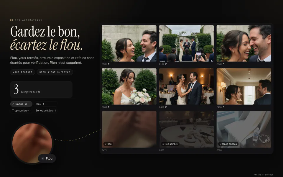 Une planche contact après le Tri automatique, avec trois photos sur neuf écartées et marquées Flou, Trop sombre et Zones brûlées