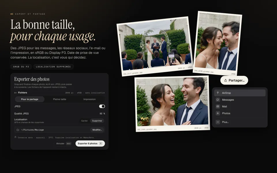 La fenêtre d’export de Graycard réglée sur « Pour le partage », en 2048 px et sRGB, sans la localisation, à côté de trois JPEG exportés et du menu Partager qui propose AirDrop, Messages, Mail et Photos