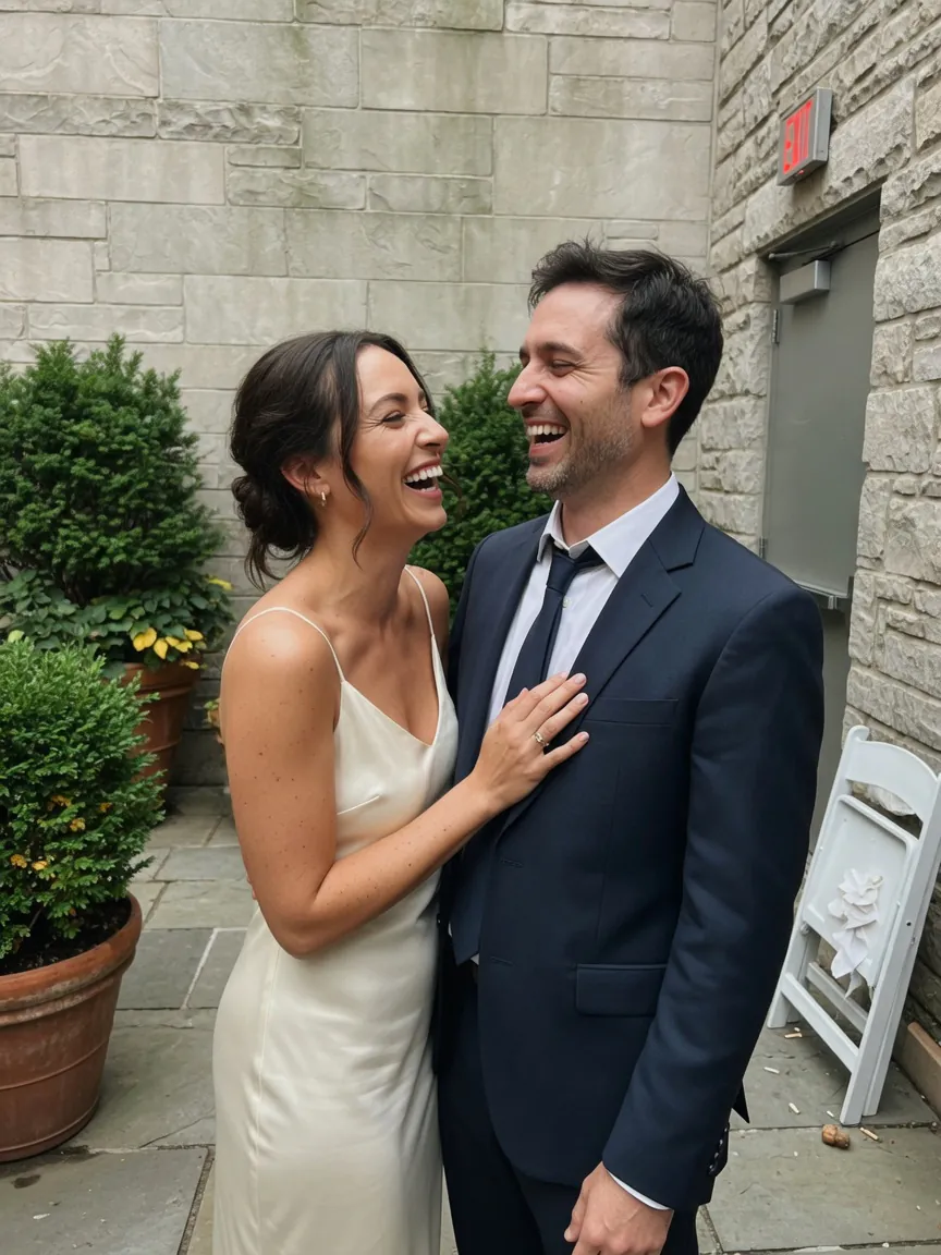 The couple laughing in the courtyard, with the selected look
