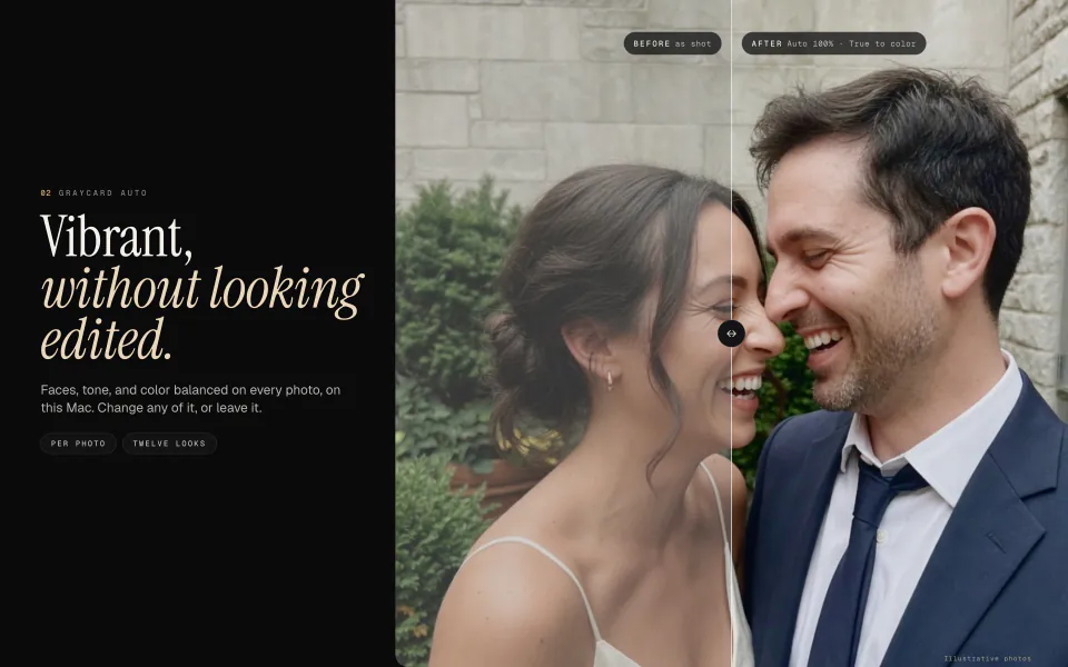 A laughing couple, the left half of the photo as shot and the right half finished by Graycard Auto