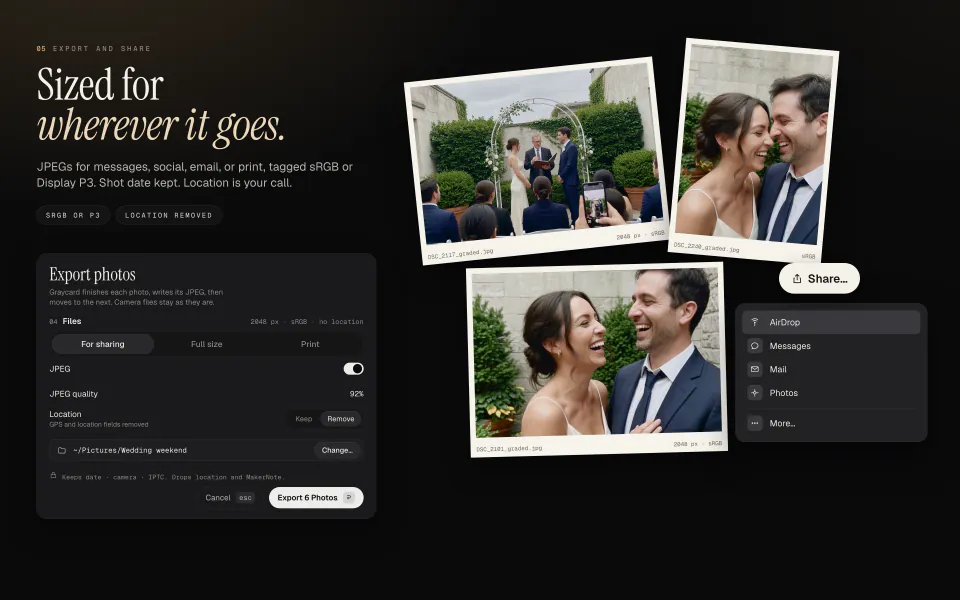 Graycard's export sheet set to For sharing, 2048 px, sRGB, with the location removed, beside three exported JPEGs and the Share menu offering AirDrop, Messages, Mail, and Photos