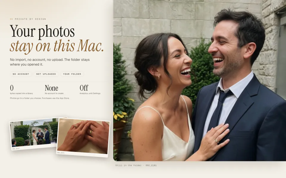 Graycard's privacy frame on paper, saying your photos stay on this Mac, with no account, nothing uploaded, zero bytes copied into a library, and analytics off until you turn it on