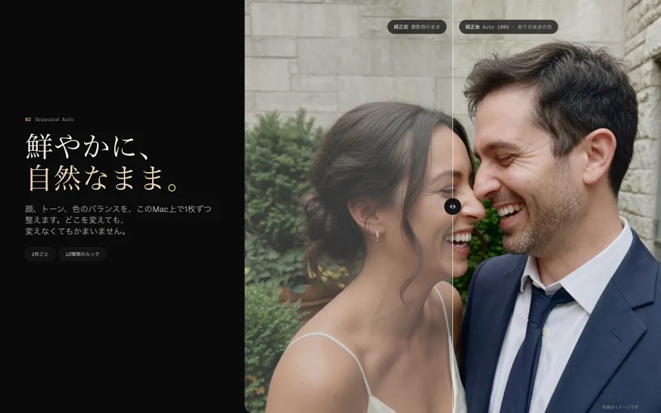 笑い合うカップルの写真。左半分は撮影時のまま、右半分はGraycard Autoで仕上げた状態