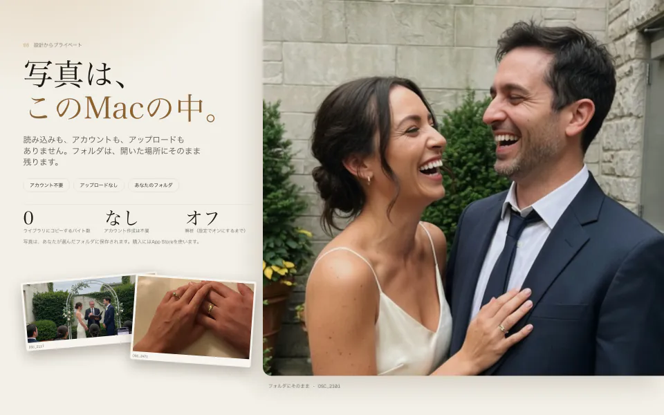 紙のようなデザインの、Graycardのプライバシーについての画像。写真はこのMacにとどまること、アカウントなし、アップロードなし、ライブラリにコピーされるのは0バイト、解析はオンにするまでオフであることが書かれています。