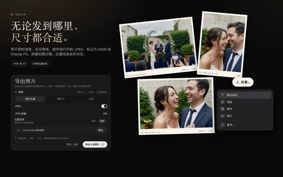 Graycard 的导出选项设为“用于分享”、2048 px、sRGB，并移除位置信息；旁边是三张导出的 JPEG，以及提供隔空投送、“信息”“邮件”和“照片”的“共享”菜单